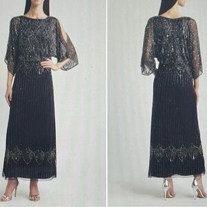 Pisarro Nights Beaded Cold Shoulder Blouson Cocktail Dress
